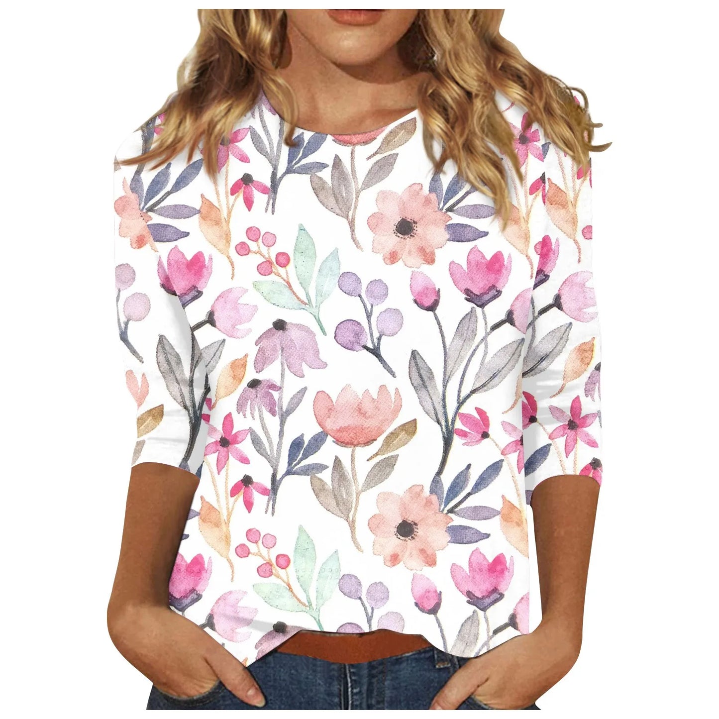 Casual Tees- Casual 3/4 Sleeve Floral Print Galore Pullover Top- - IndioGear.com