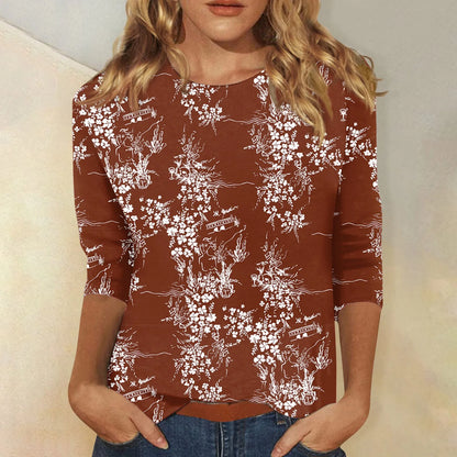 Casual Tees- Casual 3/4 Sleeve Floral Print Galore Pullover Top- Coffee- IndioGear.com