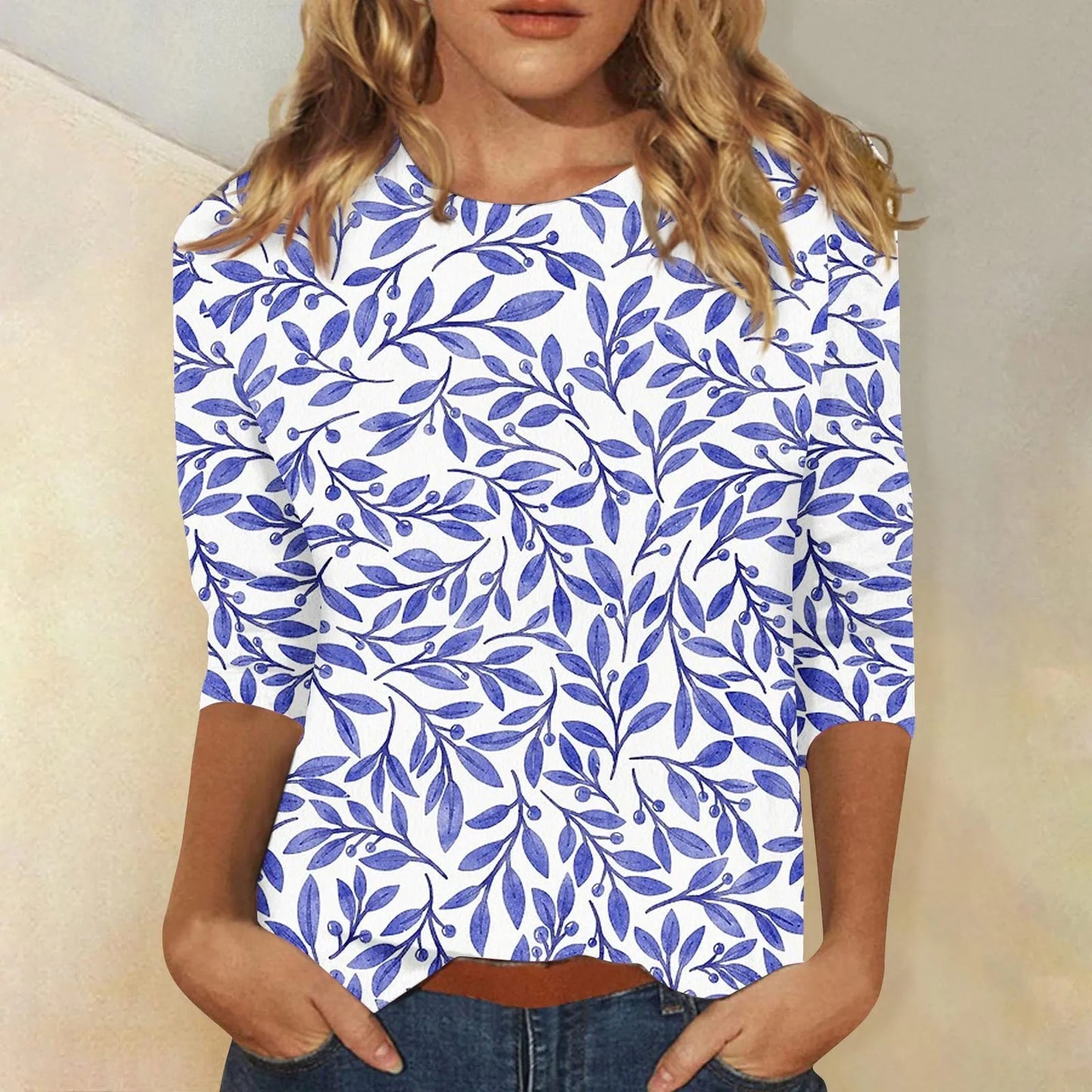 Casual Tees- Casual 3/4 Sleeve Floral Print Galore Pullover Top- Blue- IndioGear.com