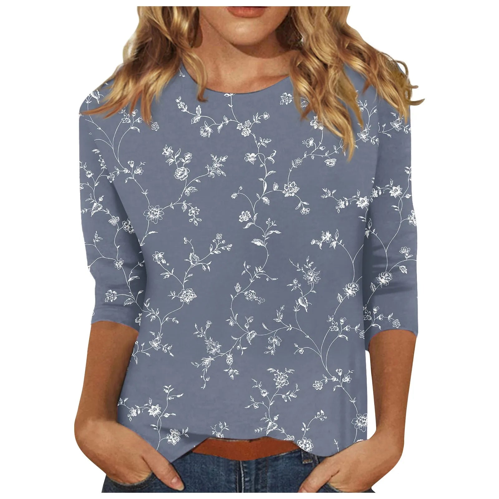 Casual Tees- Casual 3/4 Sleeve Floral Print Galore Pullover Top- - IndioGear.com