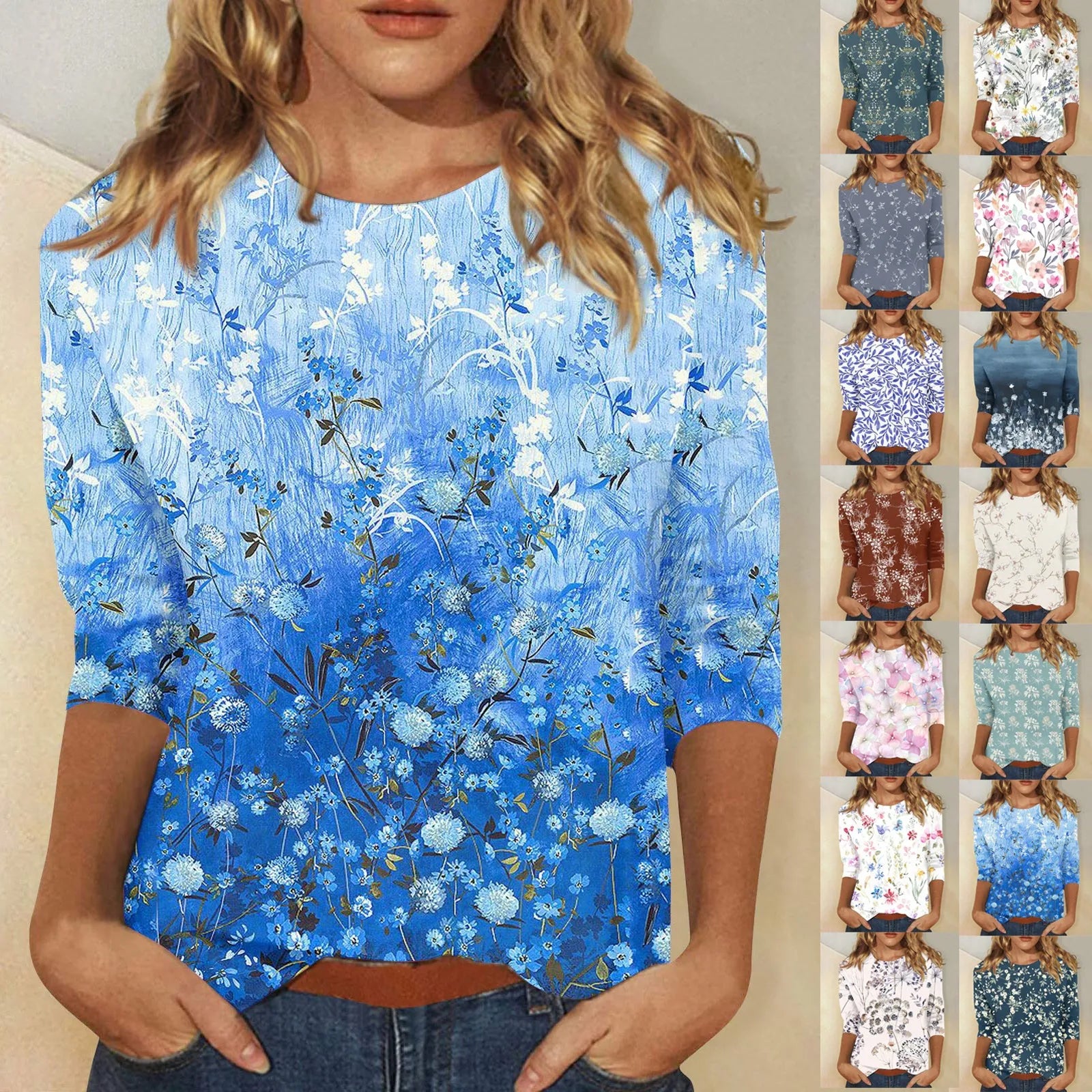 Casual Tees- Casual 3/4 Sleeve Floral Print Galore Pullover Top- - IndioGear.com