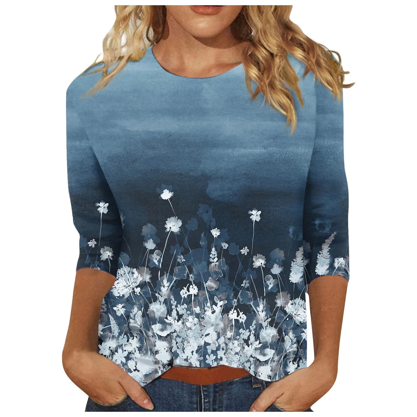 Casual Tees- Casual 3/4 Sleeve Floral Print Galore Pullover Top- - IndioGear.com