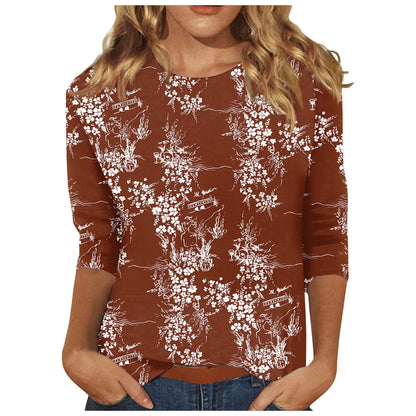 Casual Tees- Casual 3/4 Sleeve Floral Print Galore Pullover Top- - IndioGear.com