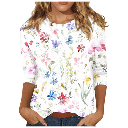 Casual Tees- Casual 3/4 Sleeve Floral Print Galore Pullover Top- - IndioGear.com