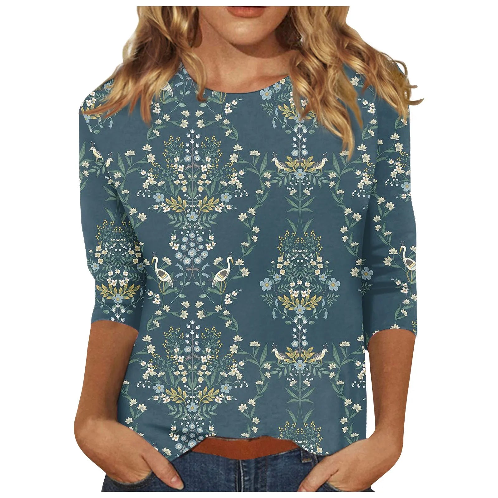 Casual Tees- Casual 3/4 Sleeve Floral Print Galore Pullover Top- - IndioGear.com