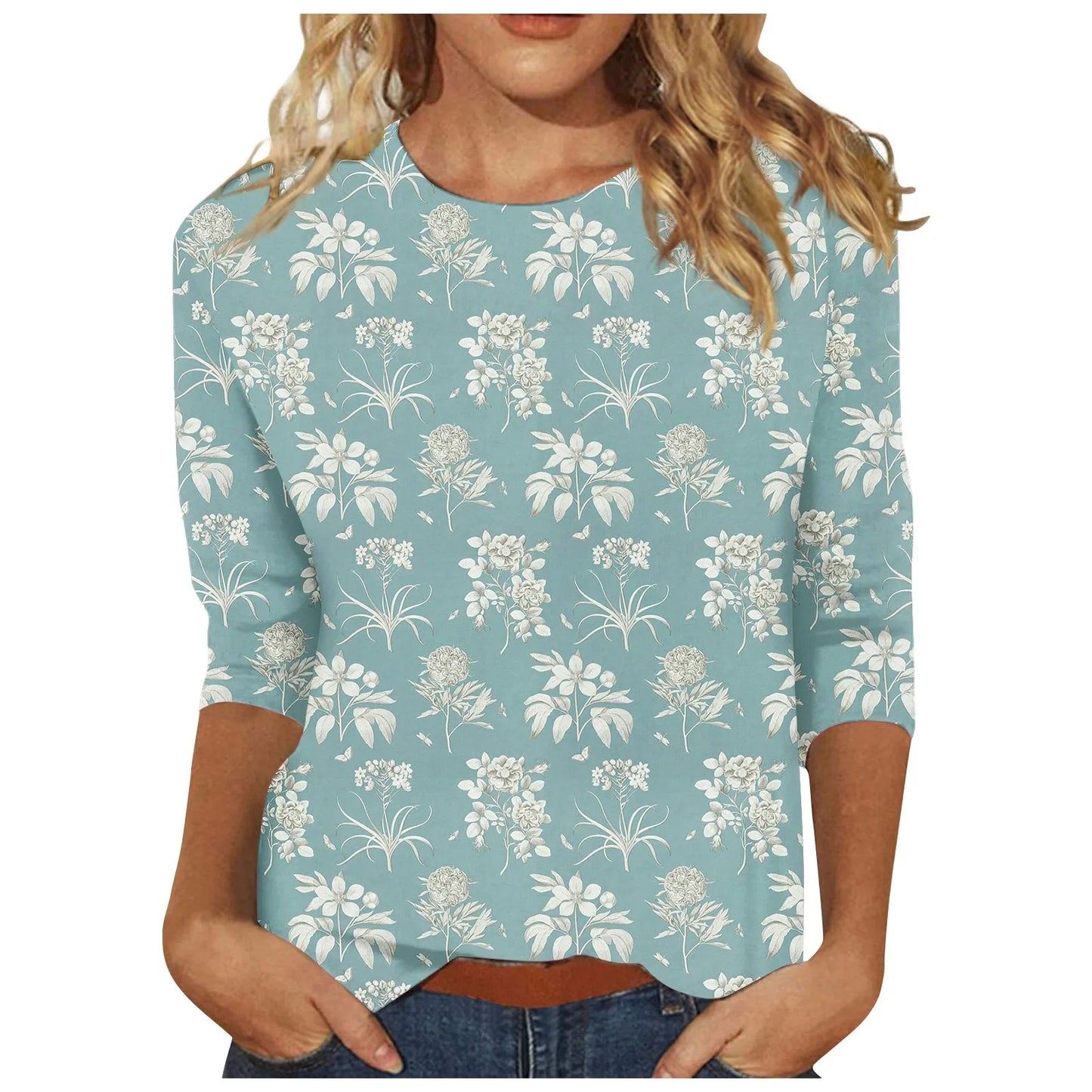 Casual Tees- Casual 3/4 Sleeve Floral Print Galore Pullover Top- - IndioGear.com