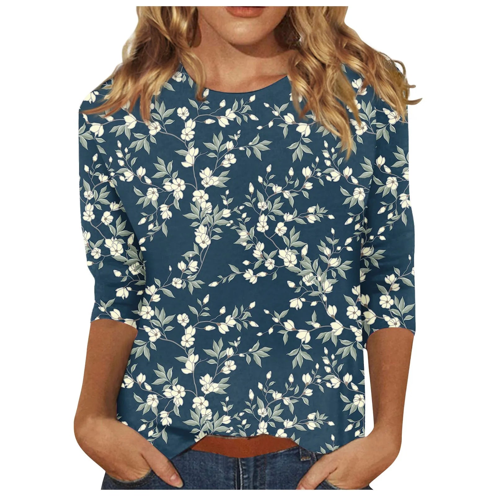 Casual Tees- Casual 3/4 Sleeve Floral Print Galore Pullover Top- - IndioGear.com