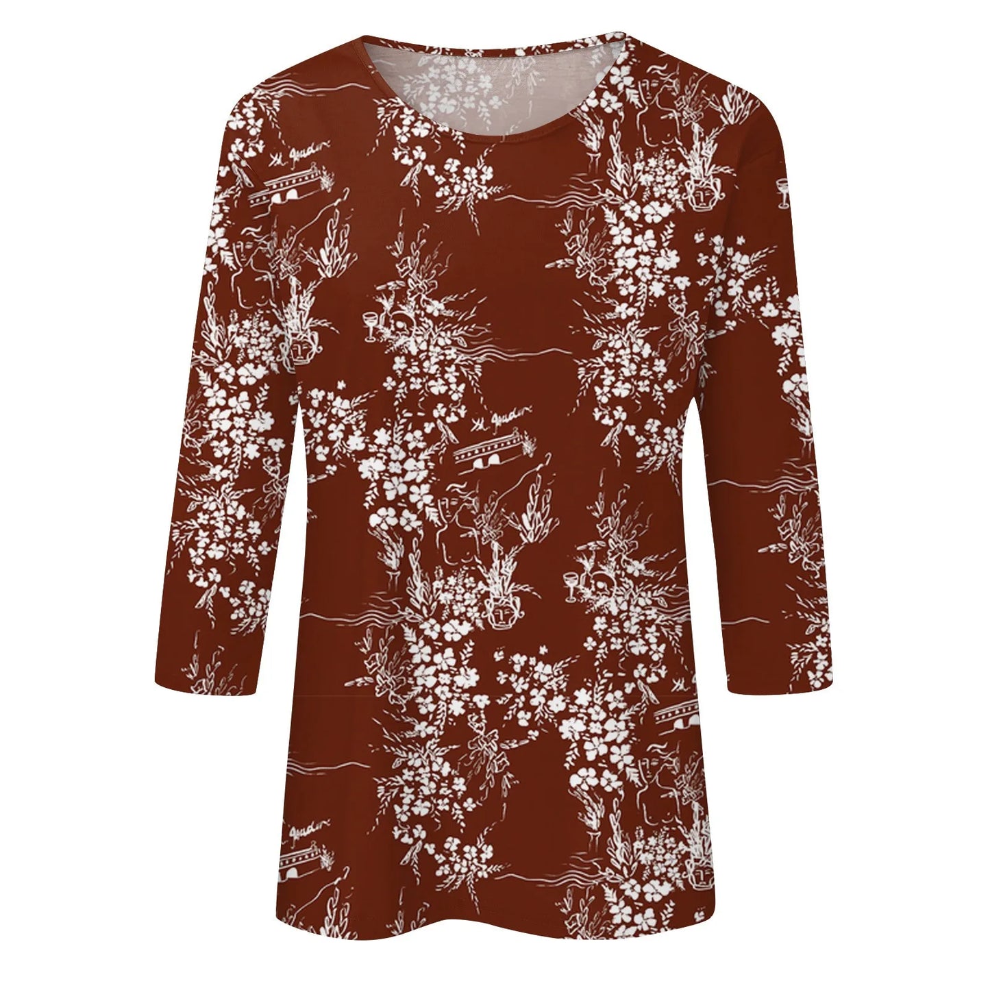 Casual Tees- Casual 3/4 Sleeve Floral Print Galore Pullover Top- - IndioGear.com