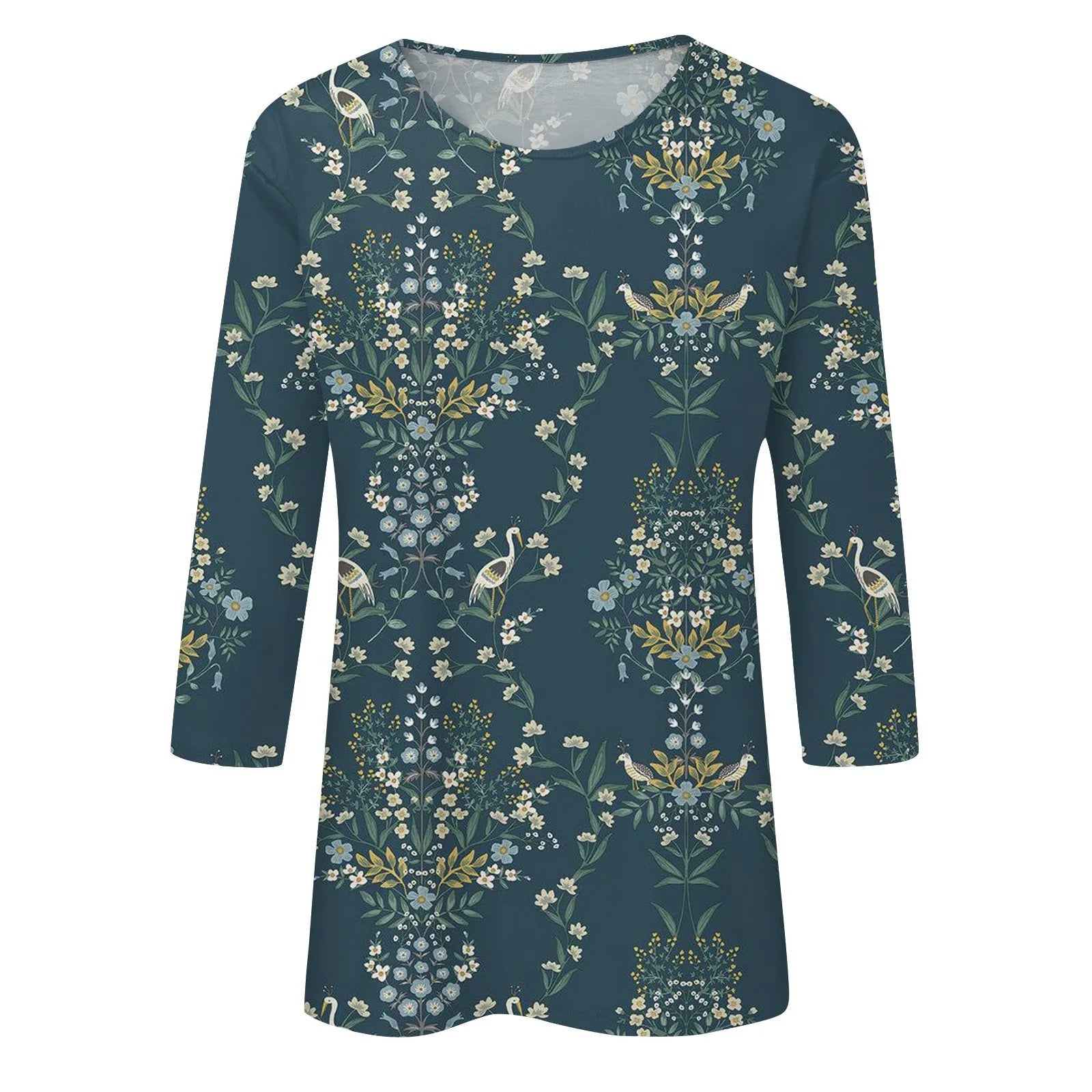 Casual Tees- Casual 3/4 Sleeve Floral Print Galore Pullover Top- - IndioGear.com