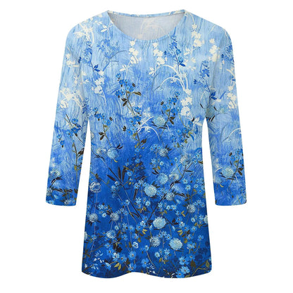 Casual Tees- Casual 3/4 Sleeve Floral Print Galore Pullover Top- - IndioGear.com