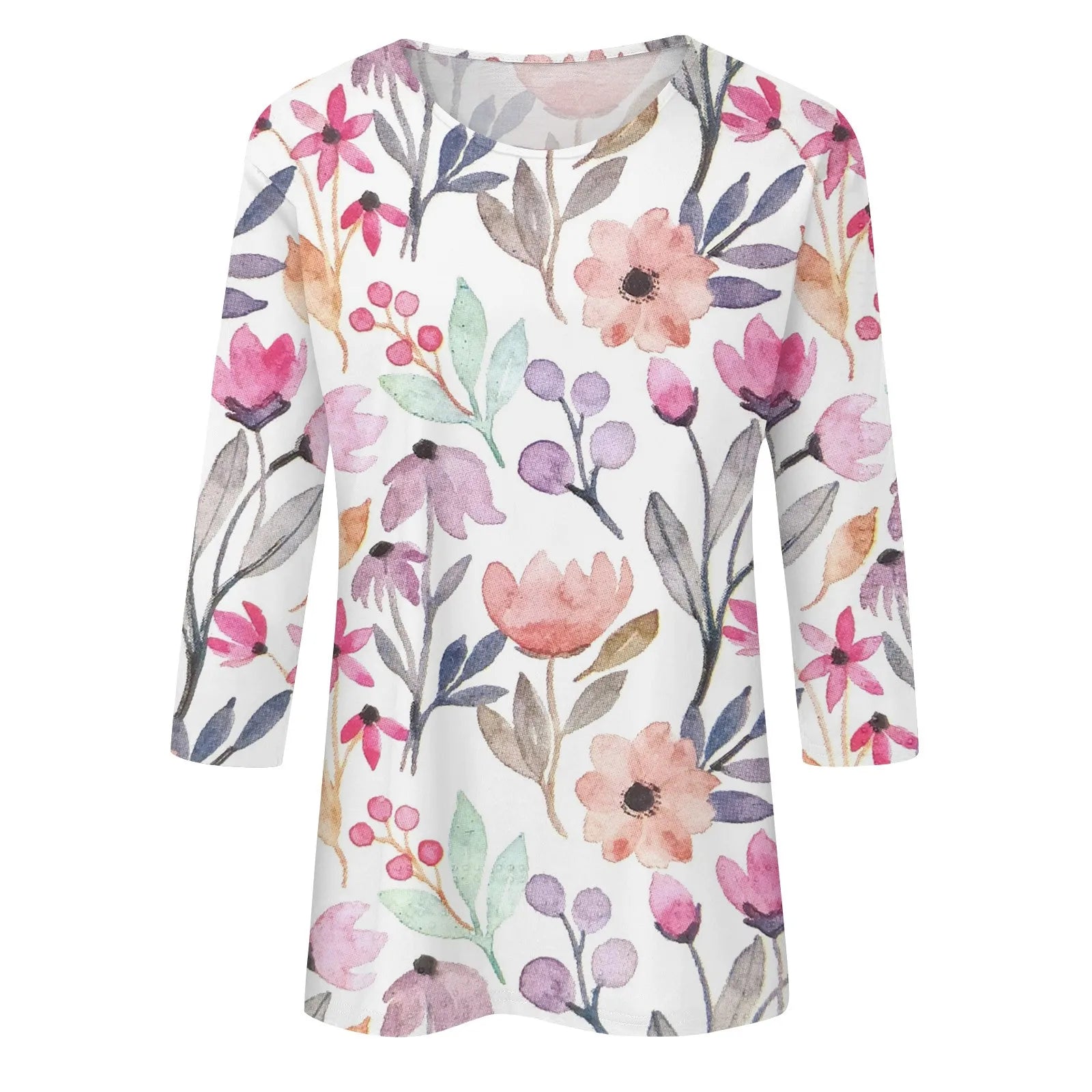 Casual Tees- Casual 3/4 Sleeve Floral Print Galore Pullover Top- - IndioGear.com