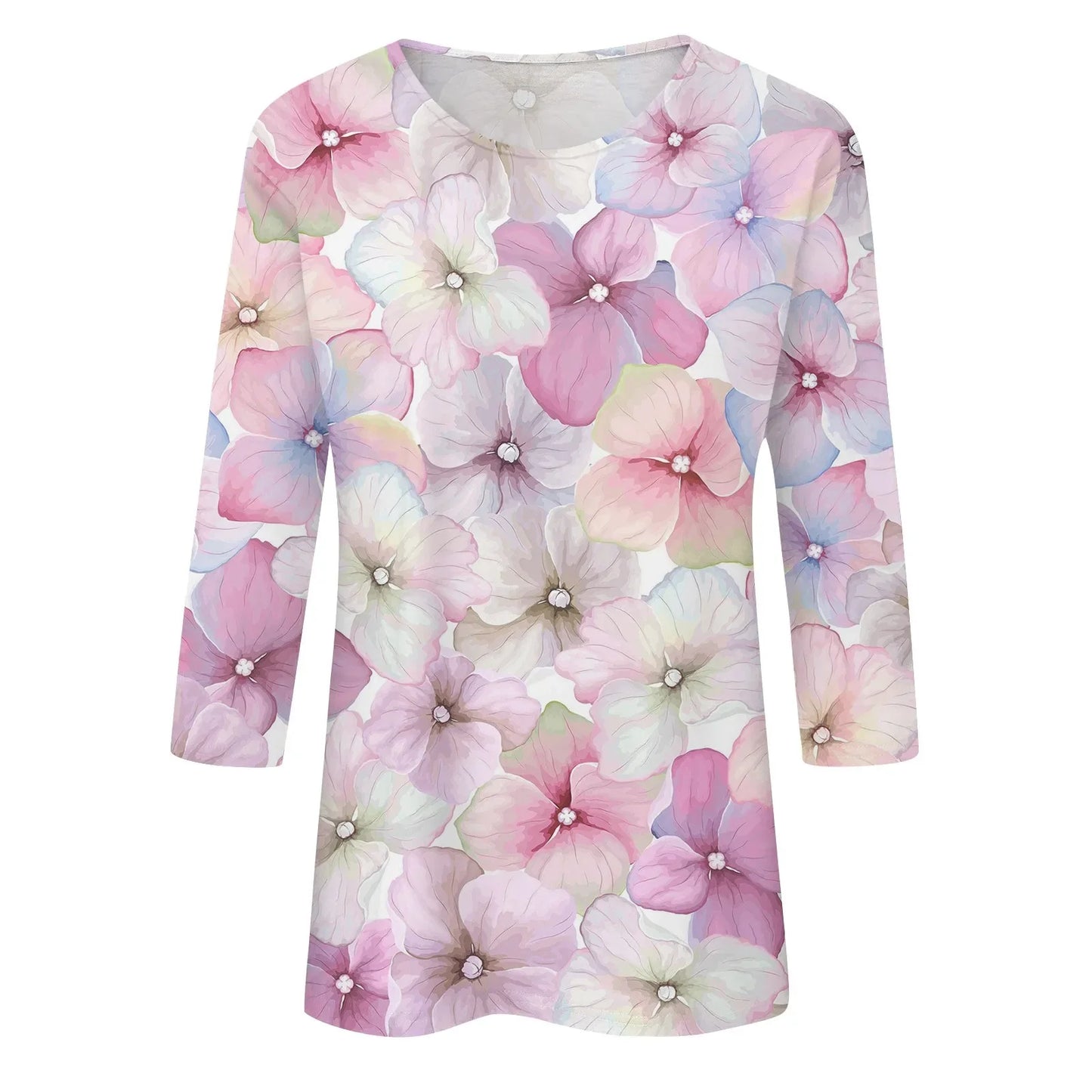 Casual Tees- Casual 3/4 Sleeve Floral Print Galore Pullover Top- - IndioGear.com