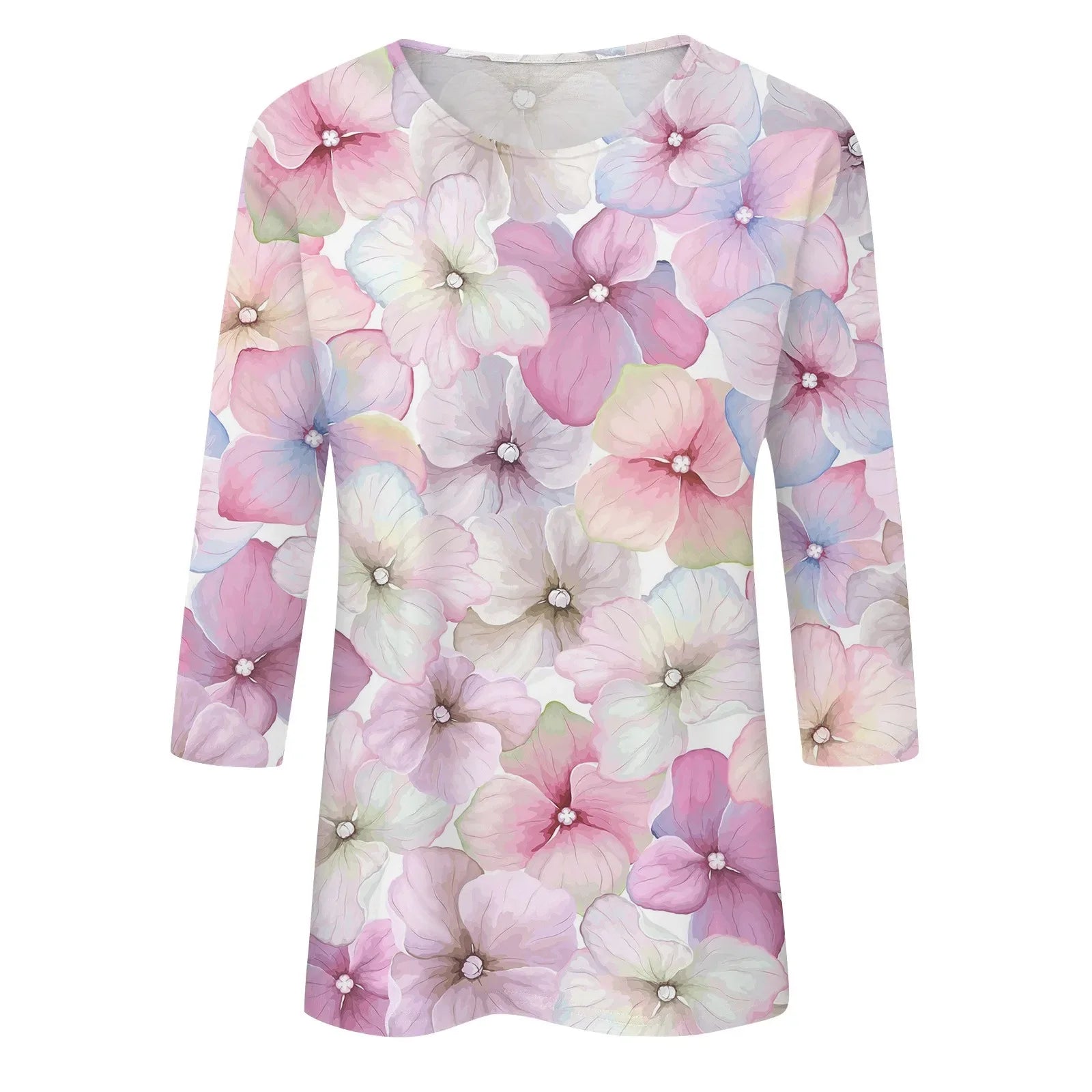 Casual Tees- Casual 3/4 Sleeve Floral Print Galore Pullover Top- - IndioGear.com