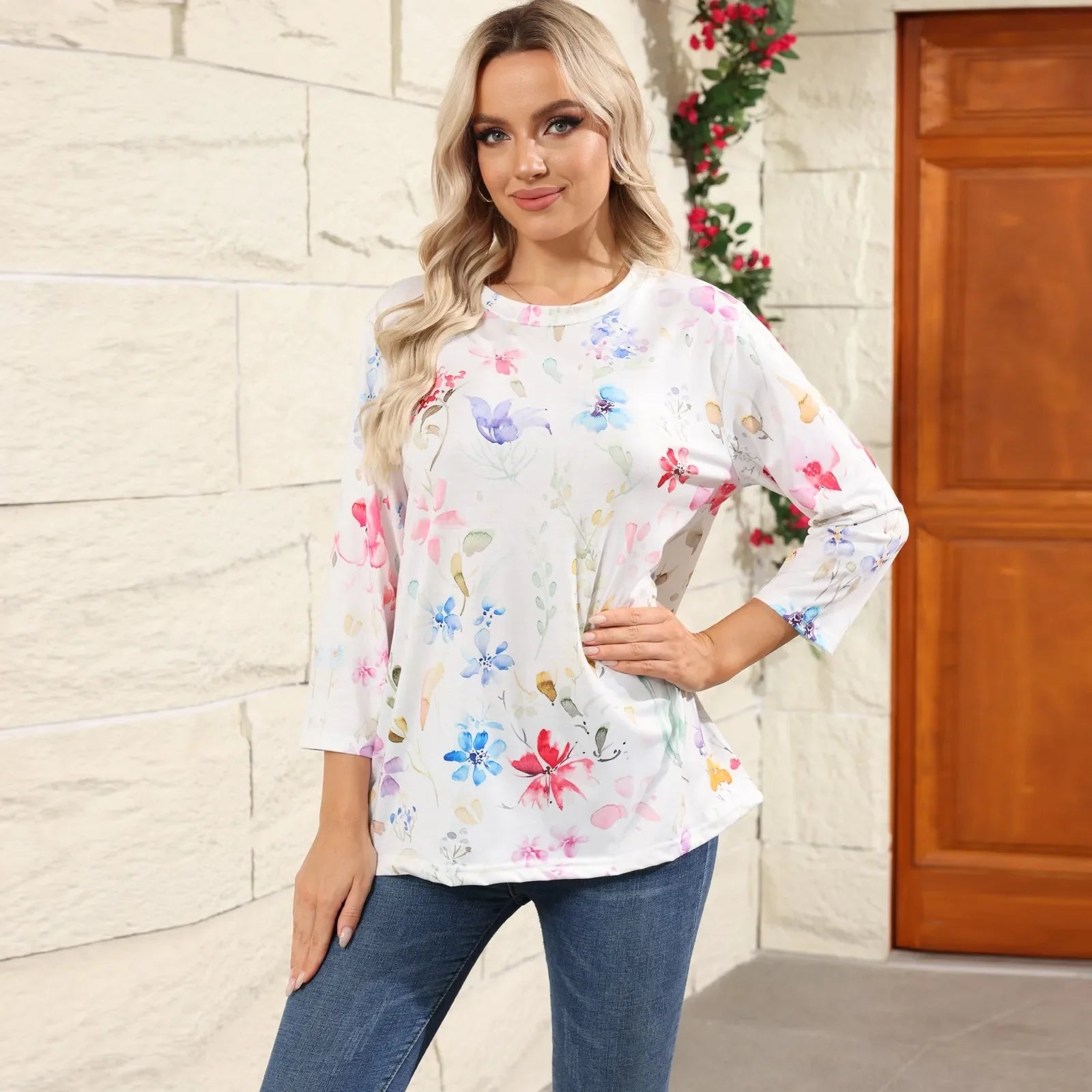 Casual Tees- Casual 3/4 Sleeve Floral Print Galore Pullover Top- - IndioGear.com