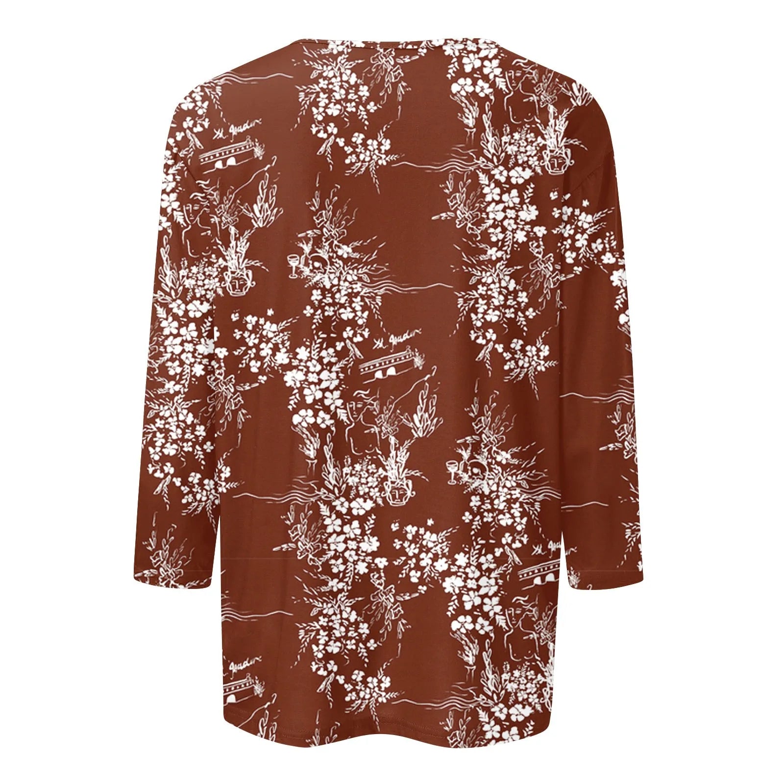 Casual Tees- Casual 3/4 Sleeve Floral Print Galore Pullover Top- - IndioGear.com