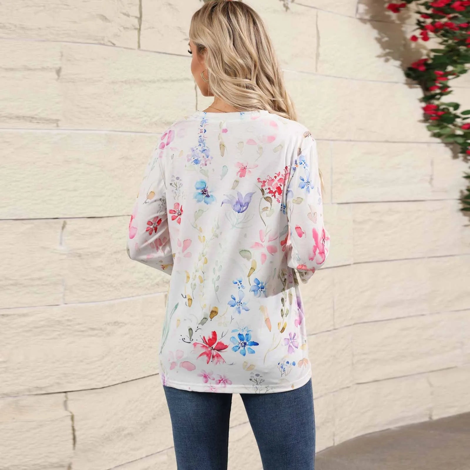 Casual Tees- Casual 3/4 Sleeve Floral Print Galore Pullover Top- - IndioGear.com