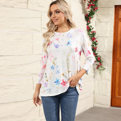 Casual Tees- Casual 3/4 Sleeve Floral Print Galore Pullover Top- - IndioGear.com