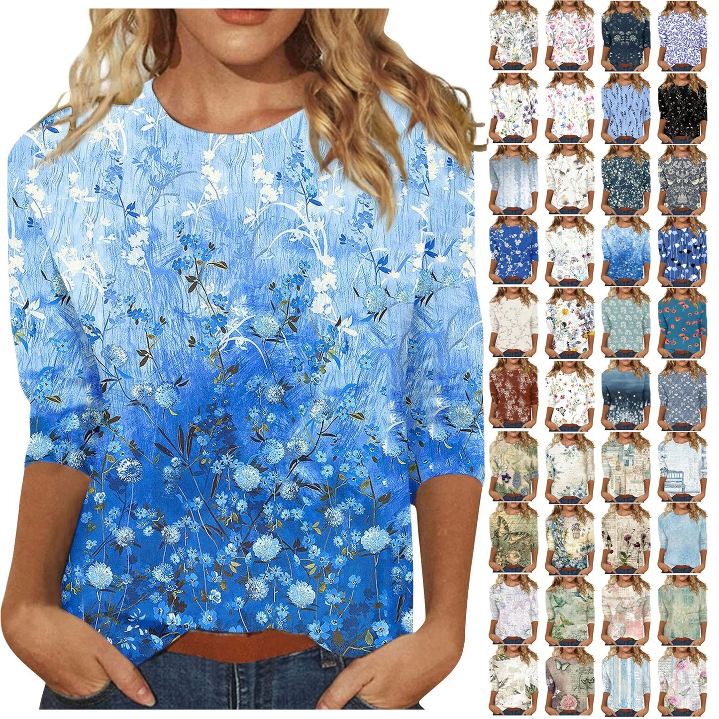 Casual Tees- Casual 3/4 Sleeve Floral Print Galore Pullover Top- - IndioGear.com