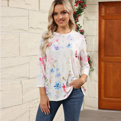 Casual Tees- Casual 3/4 Sleeve Floral Print Galore Pullover Top- - IndioGear.com