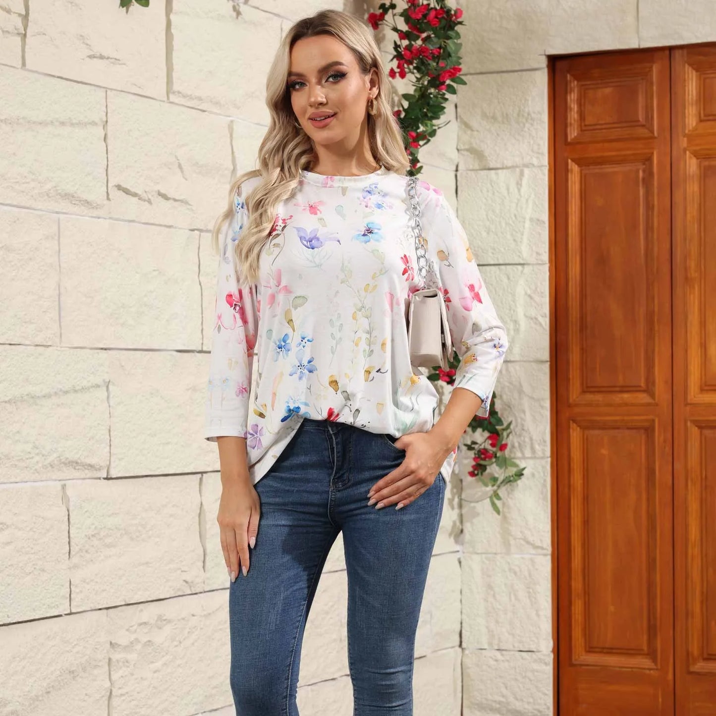 Casual Tees- Casual 3/4 Sleeve Floral Print Galore Pullover Top- - IndioGear.com