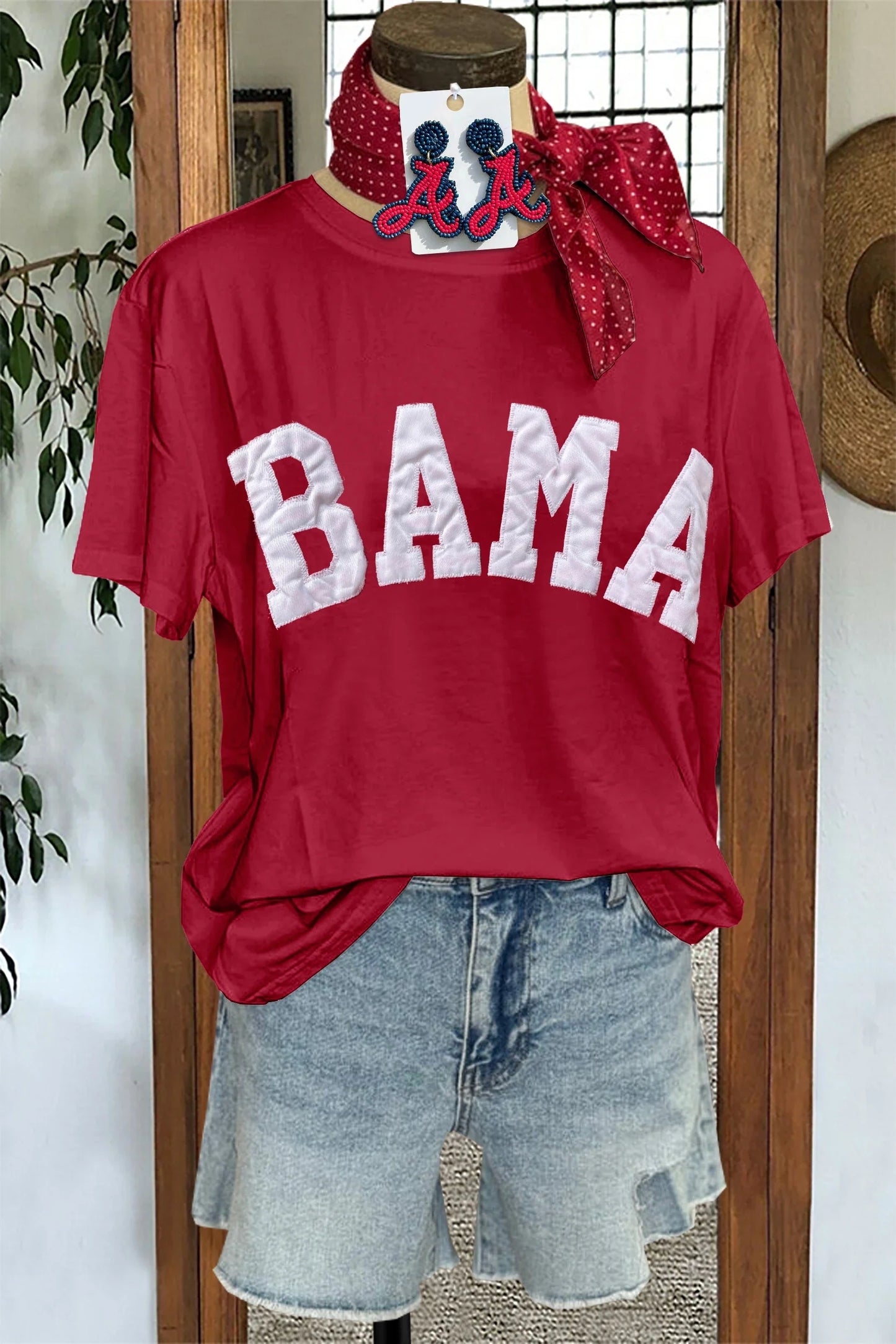 Casual Tees- Sporty BAMA Stitched Tee – Crimson Pride Wear- Vivid Burgundy- IndioGear.com