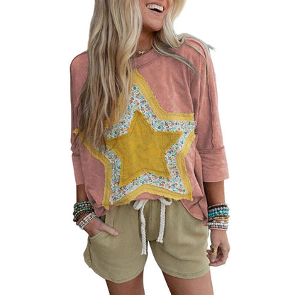 Casual Tees- Yellow Star Floral Patchwork Tee – Relaxed Fit for Women- Orange pink- IndioGear.com