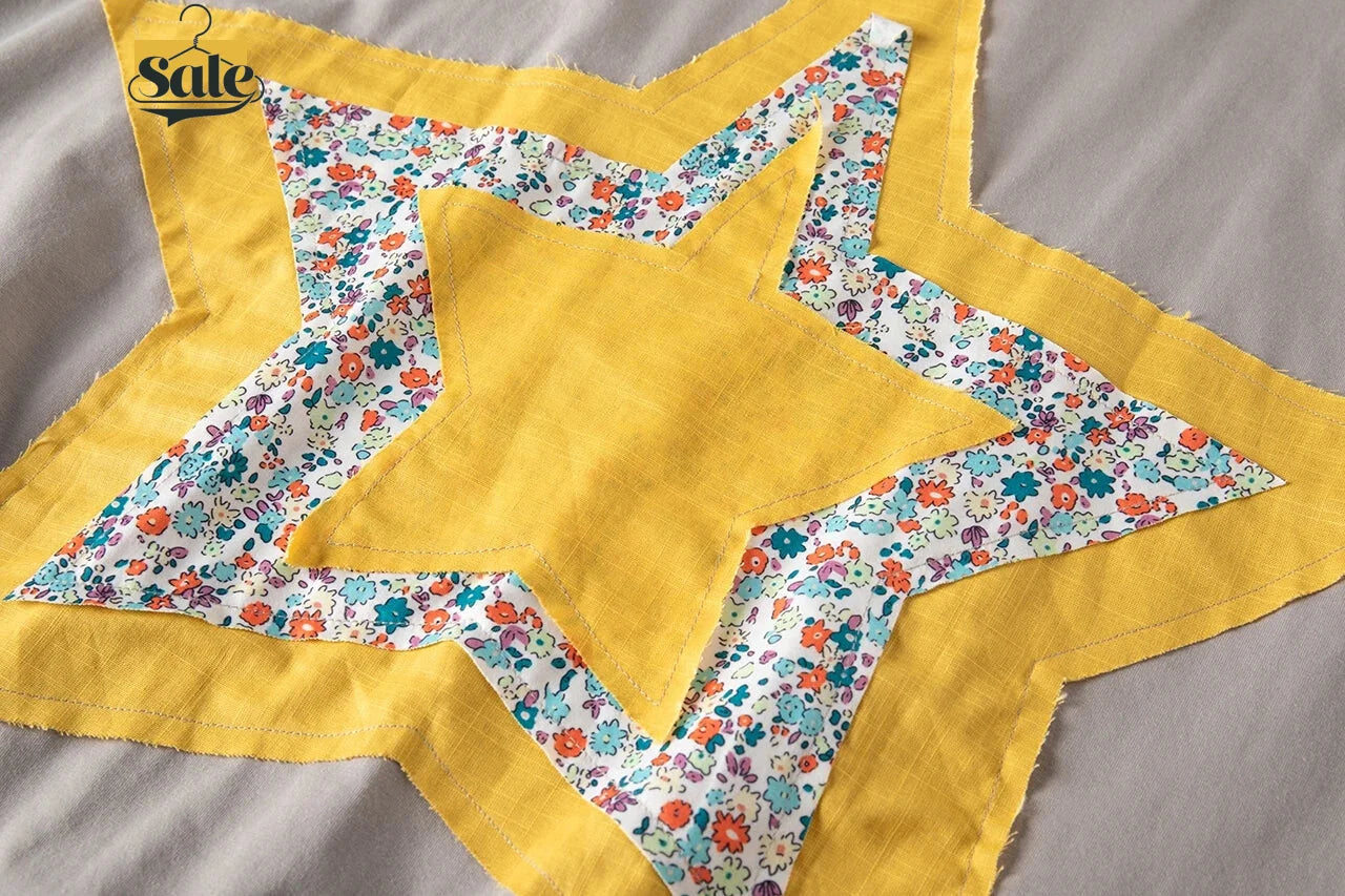 Casual Tees- Yellow Star Floral Patchwork Tee – Relaxed Fit for Women- - IndioGear.com