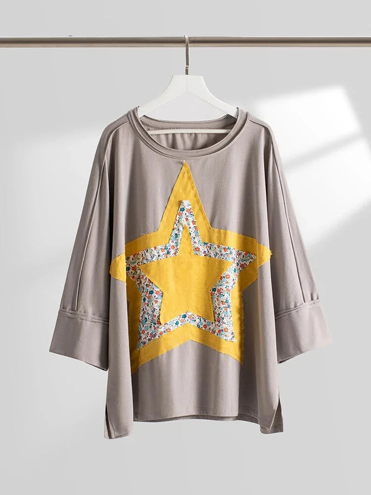 Casual Tees- Yellow Star Floral Patchwork Tee – Relaxed Fit for Women- Grey- IndioGear.com