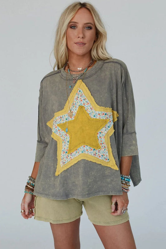 Casual Tees- Yellow Star Floral Patchwork Tee – Relaxed Fit for Women- - IndioGear.com