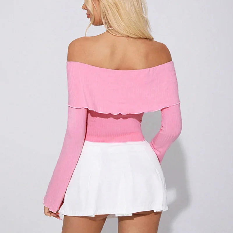 Casual Tops- Asymmetric Off-Shoulder Bow Top with Flared Sleeves- - IndioGear Women Clothing