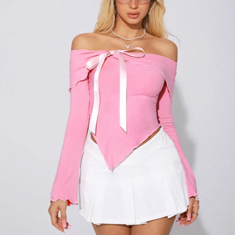 Casual Tops- Asymmetric Off-Shoulder Bow Top with Flared Sleeves- - IndioGear Women Clothing