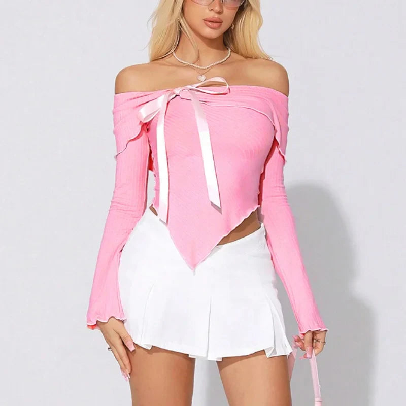 Casual Tops- Asymmetric Off-Shoulder Bow Top with Flared Sleeves- - IndioGear Women Clothing