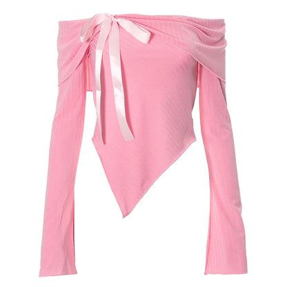 Casual Tops- Asymmetric Off-Shoulder Bow Top with Flared Sleeves- Pink- IndioGear Women Clothing