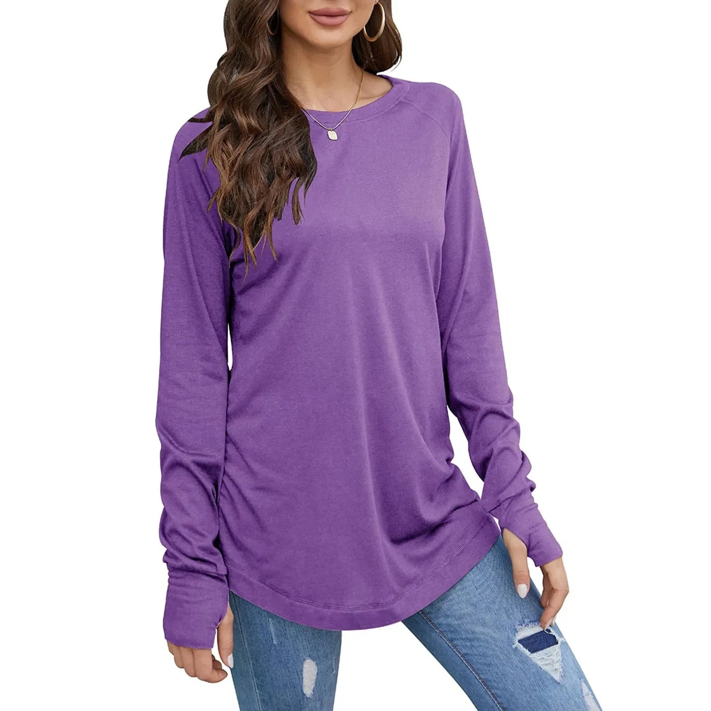 Casual Tops- Casual Jersey Tee Thumb Cuff Slim Fit- Purple- IndioGear.com