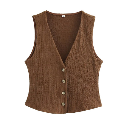 Casual Tops- Sleeveless Tweed Top Earthy Tone Vest Workwear- Brown- IndioGear Women Clothing