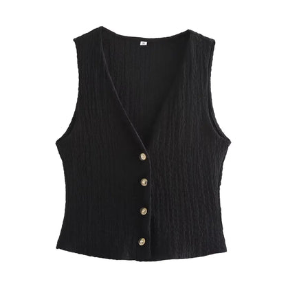 Casual Tops- Sleeveless Tweed Top Earthy Tone Vest Workwear- black- IndioGear Women Clothing