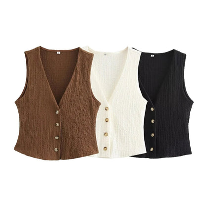 Casual Tops- Sleeveless Tweed Top Earthy Tone Vest Workwear- - IndioGear Women Clothing