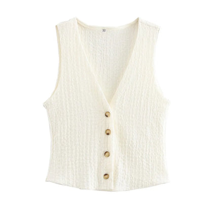 Casual Tops- Sleeveless Tweed Top Earthy Tone Vest Workwear- Beige- IndioGear Women Clothing