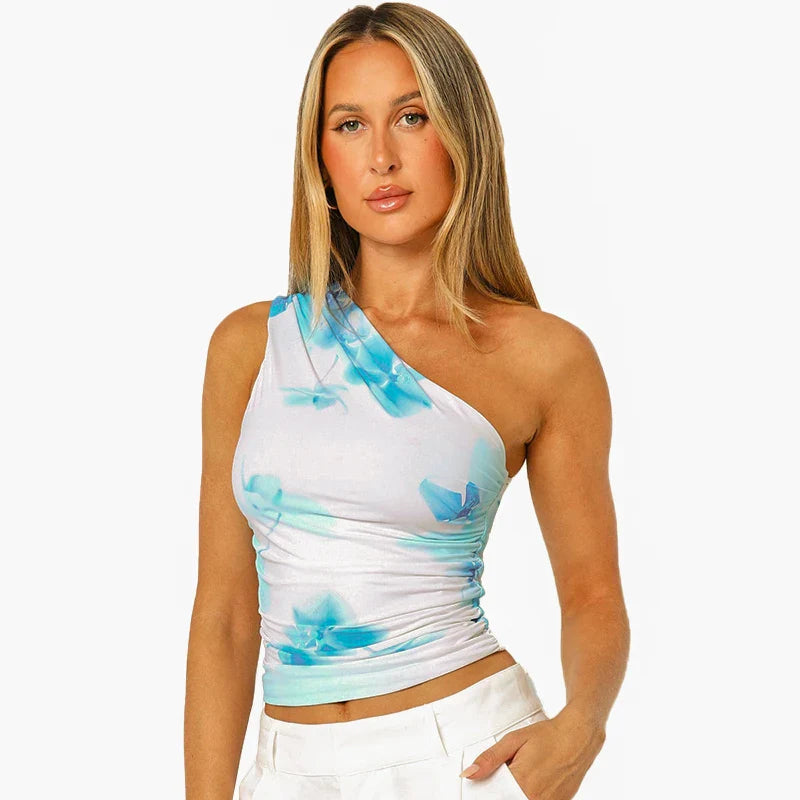 Casual Tops- Women Floral Print Ruched One-Shoulder Top- Blue- IndioGear.com