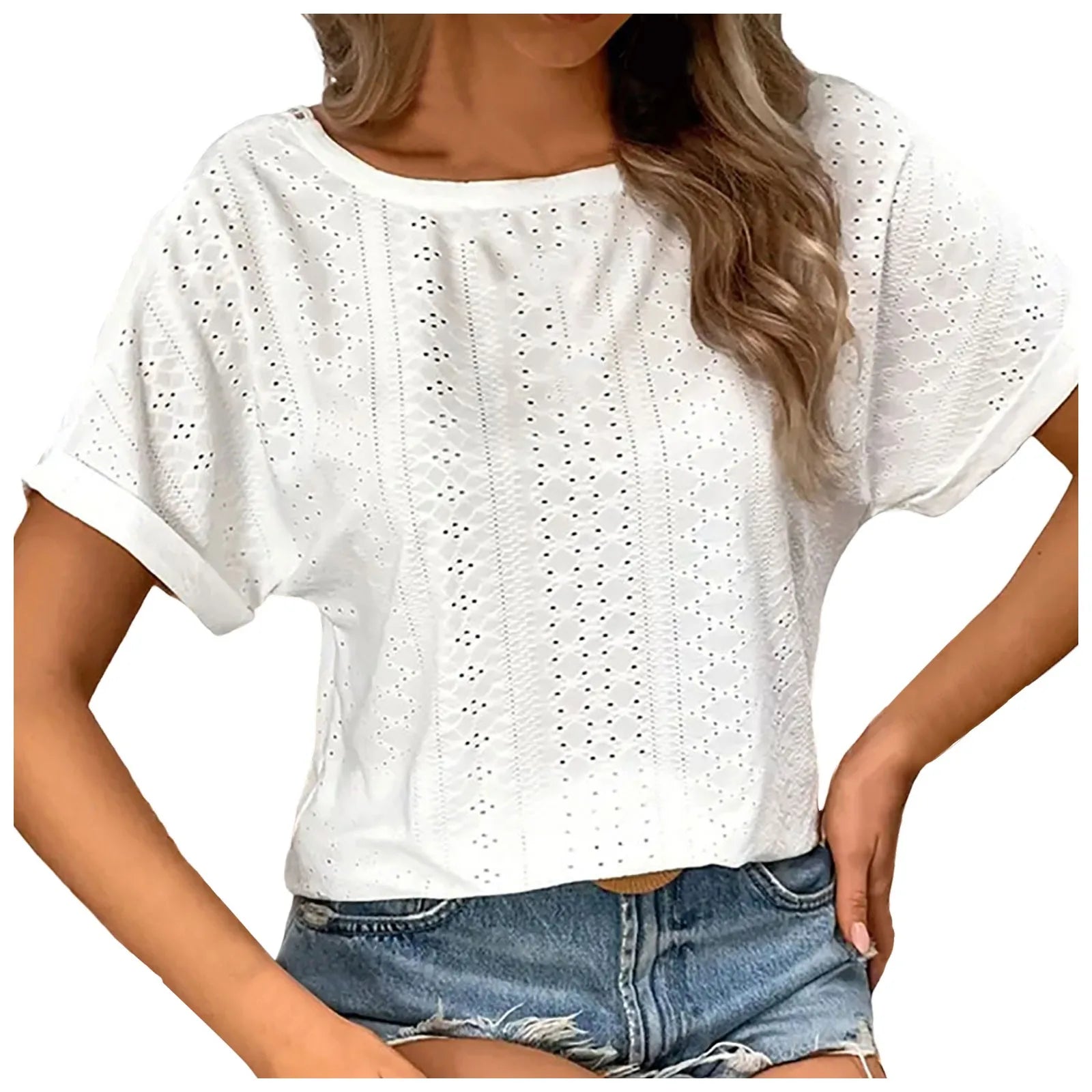 Casual Tops- Women's Eyelet Blouse with Embroidered Lace Back- - IndioGear.com