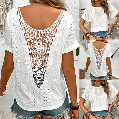 Casual Tops- Women's Eyelet Blouse with Embroidered Lace Back- - IndioGear.com