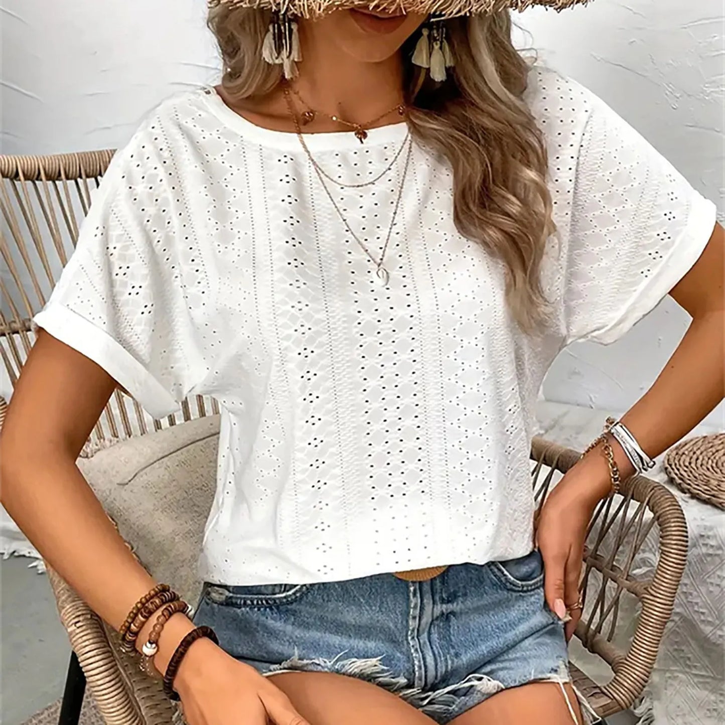 Casual Tops- Women's Eyelet Blouse with Embroidered Lace Back- White- IndioGear.com