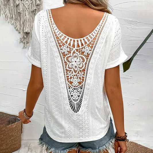 Casual Tops- Women's Eyelet Blouse with Embroidered Lace Back- - IndioGear.com