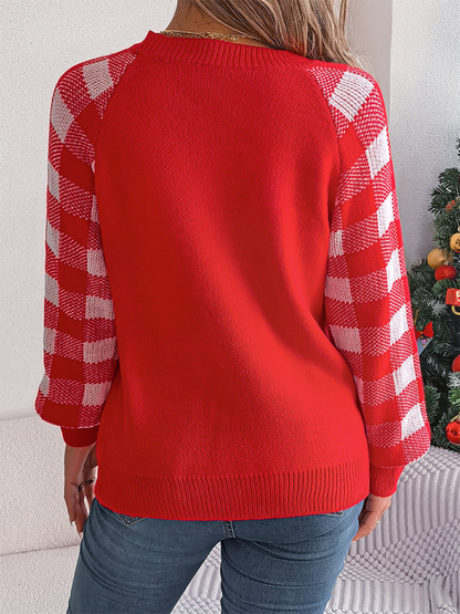 Christmas Sweaters- Christmas Reindeer Knit Sweater - Plaid Long Sleeves- - IndioGear.com