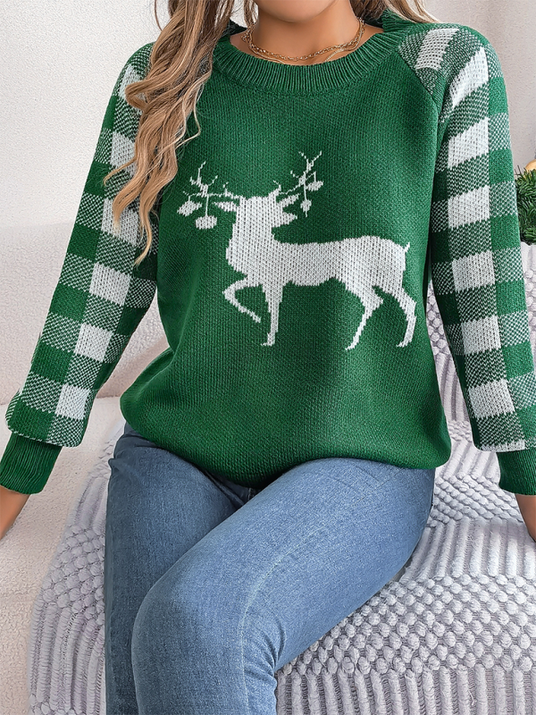 Christmas Sweaters- Christmas Reindeer Knit Sweater - Plaid Long Sleeves- - IndioGear.com