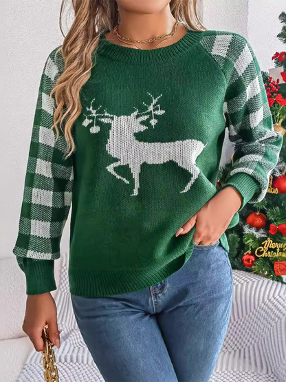 Christmas Sweaters- Christmas Reindeer Knit Sweater - Plaid Long Sleeves- - IndioGear.com