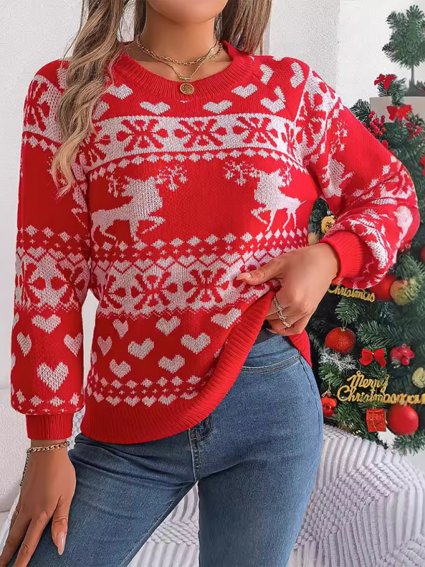 Christmas Sweaters- Reindeer & Hearts Knit Sweater – Best Holiday Attire- Red- IndioGear.com