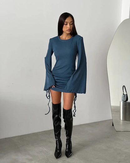 Clubbing Dresses- Adjustable Mini Dress with Bell Sleeves- - IndioGear.com