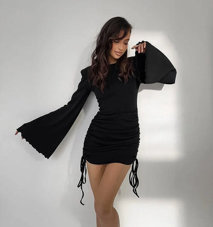 Clubbing Dresses- Adjustable Mini Dress with Bell Sleeves- - IndioGear.com