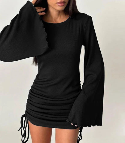 Clubbing Dresses- Adjustable Mini Dress with Bell Sleeves- Black- IndioGear.com